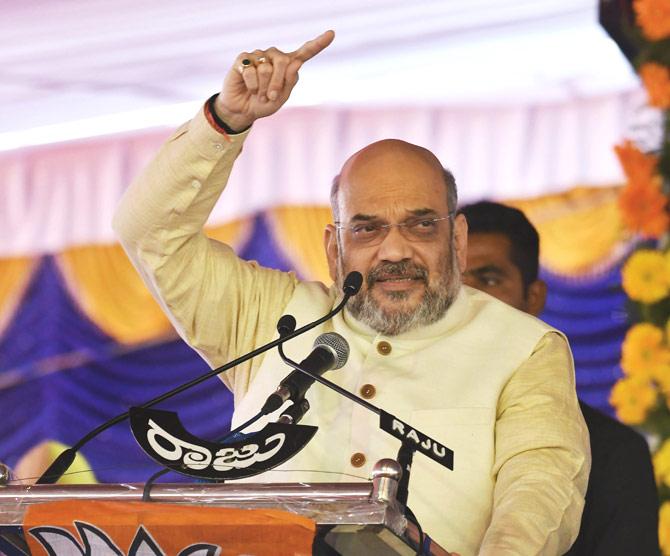 BJP chief Amit Shah addresses the party