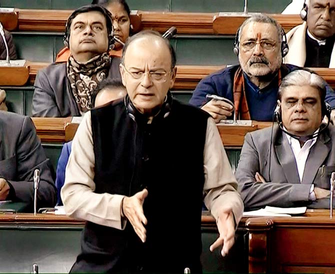 Finance Minister Arun Jaitley speaks on the last day of Parliament winter session in New Delhi on Friday. Pic/PTI