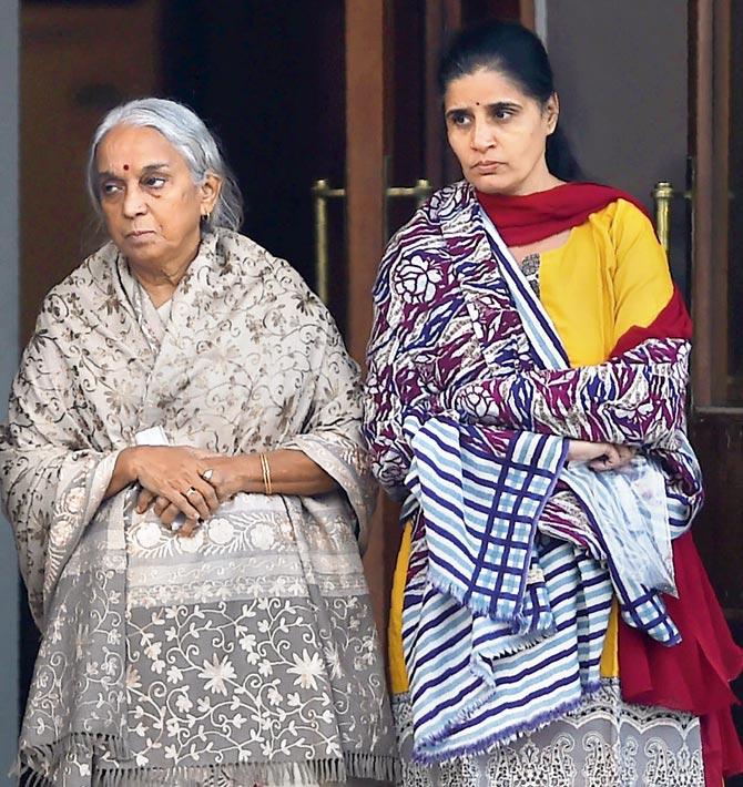 Avanti (l) and Chetankul (r), mother and wife of Kulbushan Jadhav in Islamabad. Pic/AFP