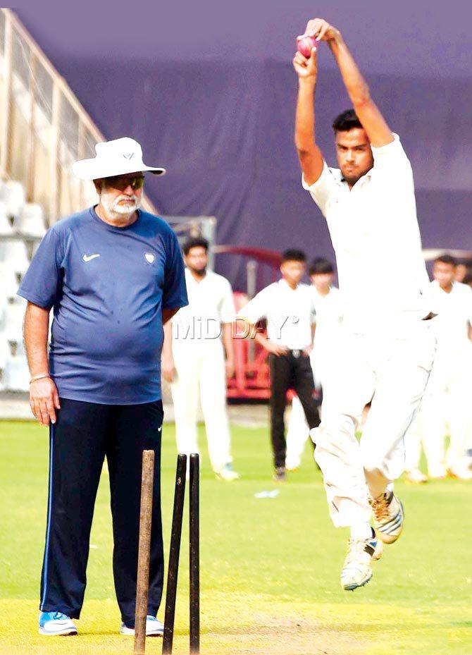 Former India pacer Balvinder Singh Sandhu watches a bowler during the MCA trials at the Wankhede yesterday. Pic/Suresh Karkera
