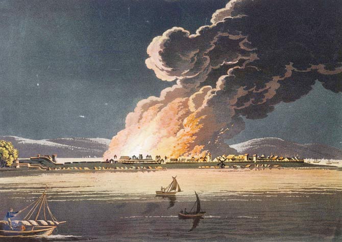 Artist JSâu00c2u0080u00c2u0088Barth’s portrayal of the Fort fire from Malabar Hill. Pics/wikimedia commons