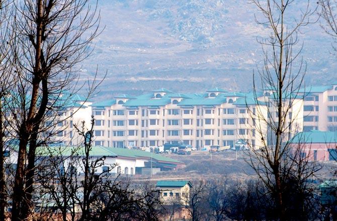 The 185th battalion camp of the Central Reserve Police Force, which was stormed by terrorists in Pulwama on Sunday. Pic/PTI