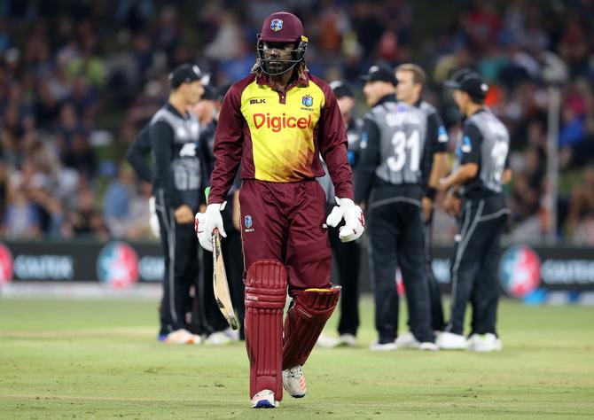 West Indies batsman Chris Gayle walks off the field after he was dismissed during the third Twenty20 international cricket match between New Zealand and the West Indies at Bay Oval in Mount Maunganui on January 3, 2018. Pic/ AFP