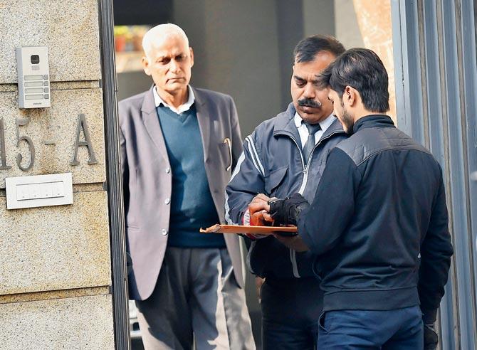 Enforcement Directorate (ED) officials during raids at the residence of Karti Chidambaram, son of former union minister P Chidambaram, at Jorbagh