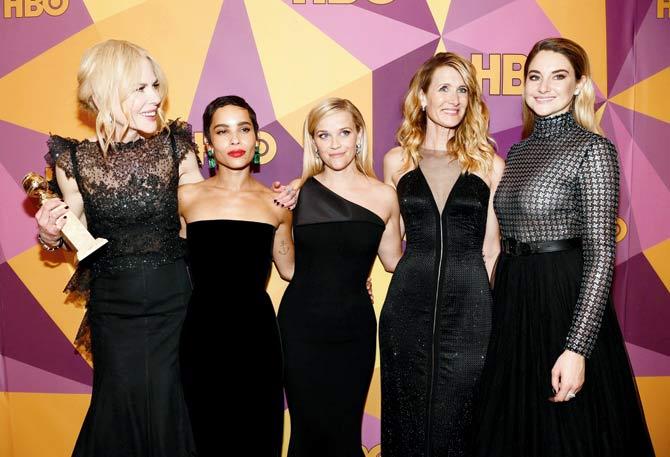 Nicole Kidman, Zoe Kravitz, Reese Witherspoon, Laura Dern and Shailene Woodley of Big Little Lies attend an Official Golden Globe Awards After Party. Pics/ Afp