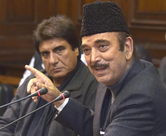 Congress leader Ghulam Nabi Azad with party leader Raj Babbar addressing a press conference at Parliament House in New Delhi on Wednesday. Pic/PTI