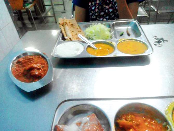 At IIT-B, regular vegetarian meals are provided in a steel plate