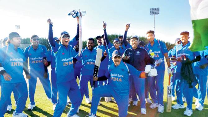 Indian cricketers celebrate after beating Pakistan in the blind  World Cup in Dubai yesterday	