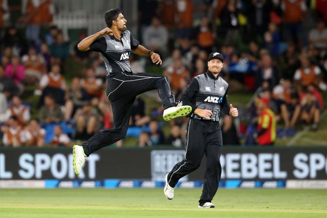 New Zealands Ish Sodhi celebrates the wicket of West Indies batsman Andre Fletcher during the third Twenty20 international cricket match between New Zealand and the West Indies at Bay Oval in Mount Maunganui on January 3, 2018. Pic/ AFP