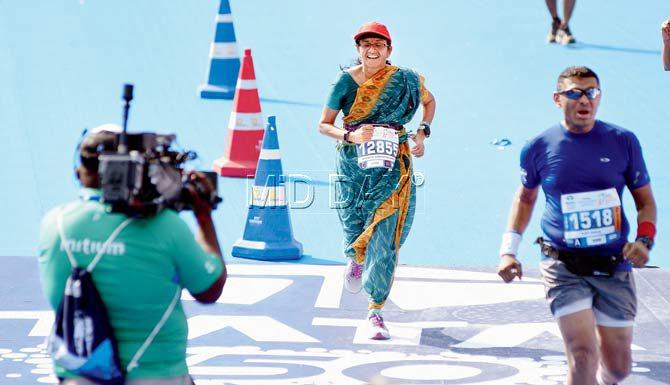 Jayanthi Sampathkumar at the finishing line. Pic/Shadab Khan
