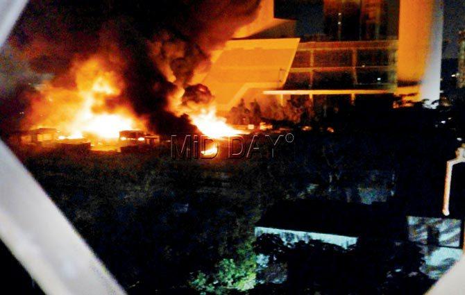 The blaze at Cinevista film studio in Kanjurmarg. Pic/Sayyed SameerâÂÂu00c2u0080ÂÂu00c2u0088Abedi