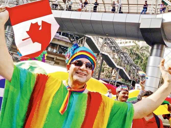 Ladak wore a rainbow poncho and dhoti during the protest at Mumbai Pride in January 2014 after the SC overrode the Delhi High Court verdict, decriminalising homosexuality