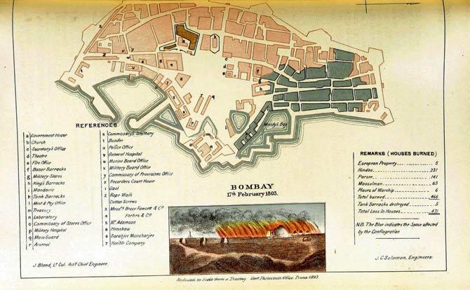 A map showing the layout of the Fort in 1803. The area in grey shows the fire-affected parts