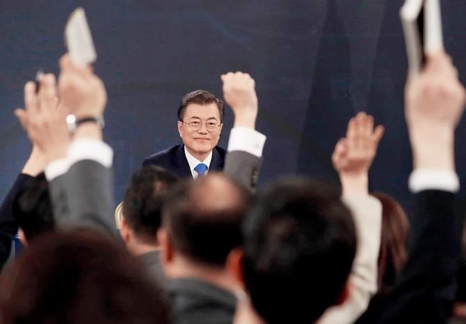 South Korean President Moon Jae-in attends his New Year news conference at the Presidential Blue House in Seoul. Pic/AFP