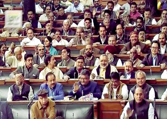 Union Law Minister Ravi Shankar Prasad and other ministers and members during the passage of Muslim Women (Protection of Rights of Marriage) Bill, 2017 by the Lok Sabha in New Delhi, last week. Pic/pTI 