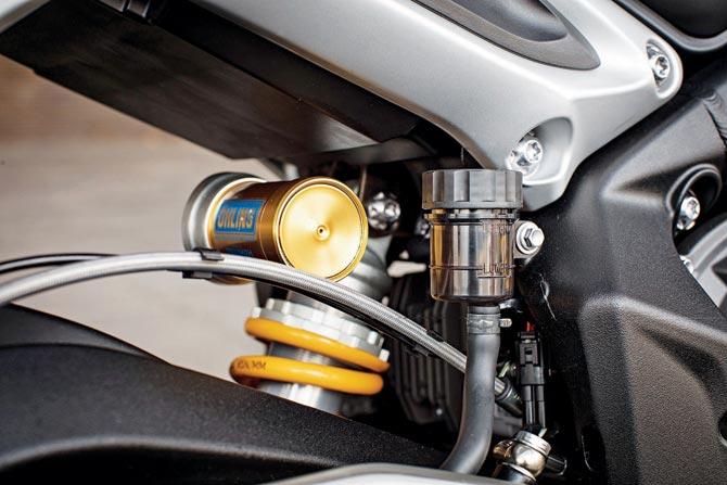 Öhlins monoshock absorbs all the undulations and keeps the bike planted