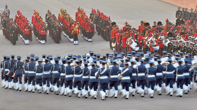 Tri-services band performs during a full dress rehearsal for the Beating Retreat ceremony at Vijay Chowk in New Delhi on Saturday. Pic/ PTI Photo by Atul Yadav