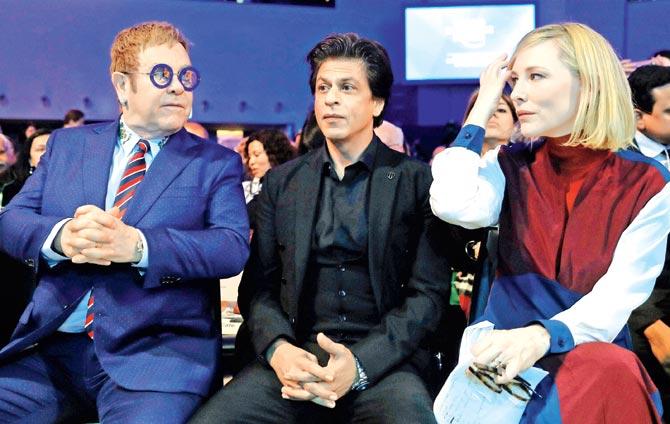 Legendary musician Elton John, Shah Rukh Khan and Hollywood star Cate Blanchett. Pic/PTI