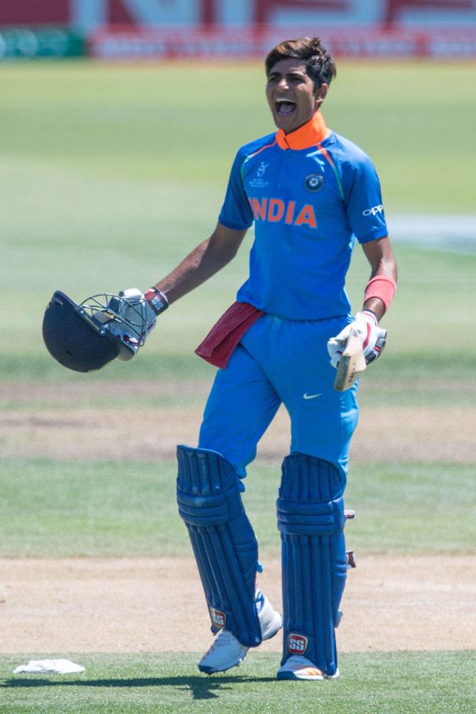 Indias Shubman Gill celebrates 100 runs during the U19 semi-final cricket World Cup match between India and Pakistan at Hagley Oval in Christchurch on January 30, 2018. Pic/ AFP PHOTO