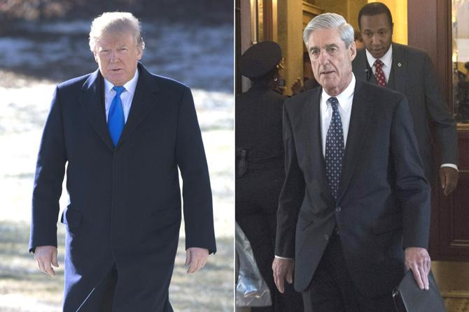 This combination of pictures created on January 24, 2018 shows US President Donald Trump on the South Lawn of the White House in Washington, DC, January 5, 2018, and former FBI Director Robert Mueller, special counsel on the Russian investigation, at the US Capitol in Washington, DC on June 21, 2017. Donald Trump said Wednesday he is willing to be questioned under oath by special prosecutor Robert Mueller, who is leading the investigation into collusion between the US president