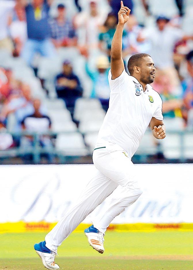 South Africa pacer Vernon Philander celebrates dismissing Jasprit Bumrah to win the first Test in Cape Town yesterday. Pic/AFP