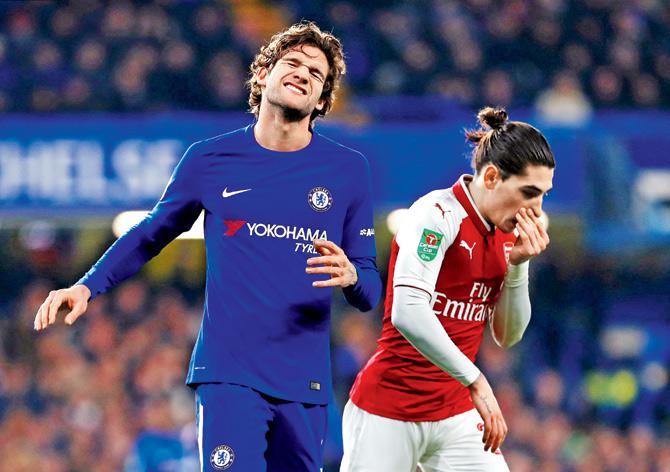 Chelseas Marcos Alonso reacts after missing a scoring opportunity against Arsenal in the League Cup semis on Wednesday. Pic/Getty Images