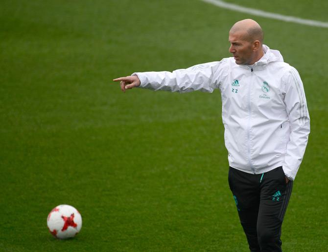 Real Madrids French coach Zinedine Zidane attends a training session at Valdebebas Sport City in Madrid on January 9, 2018. Pic/ AFP PHOTO 