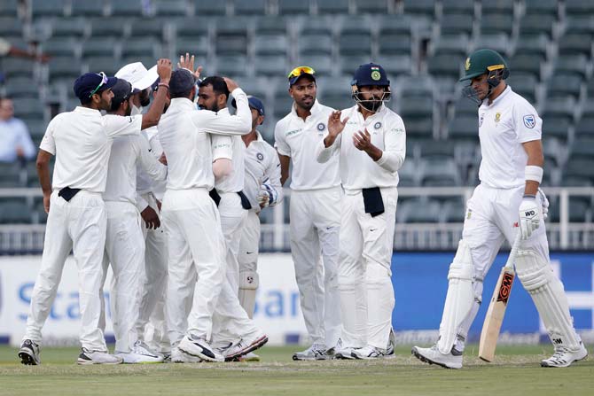 Indian team celebrates the dismissal of South African batsman Aiden Markram. Pic/ PTI