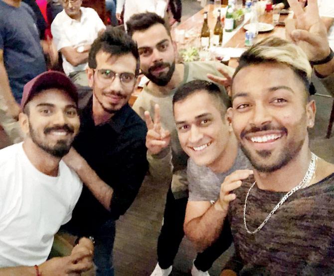 India cricketers (left to right)  KL Rahul, Yuzvendra Chahal, skipper Virat Kohli, Mahendra Singh Dhoni and Hardik Pandya 