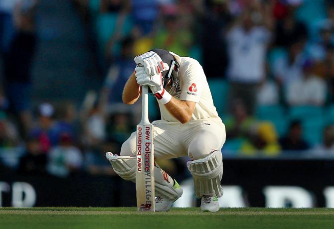 England captain Joe Root is disappointed after being dismissed by Australian pacer Mitchell Starc on Day One of the fifth Ashes Test at the Sydney Cricket Ground yesterday. Root scored 83. pic/Getty Images