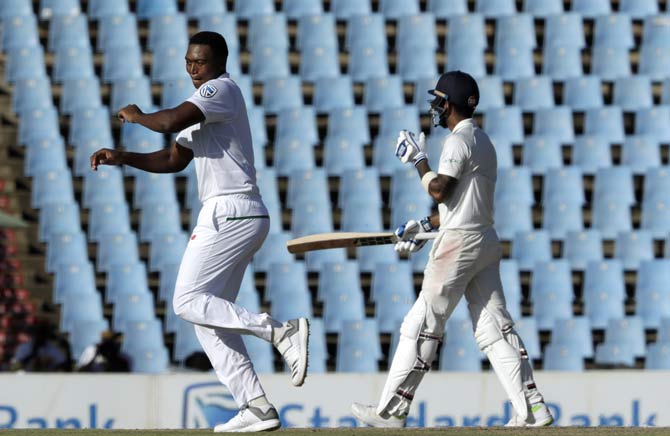 South Africa bowler Lungi Ngidi celebrates after dismissing India batsman Lokesh Rahul. Pic/ AFP