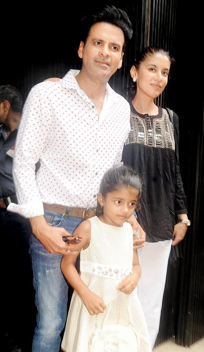 Bajpayee with wife Neha and daughter Ava