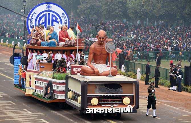 A tableaux of the All India Radio take part in the full dress rehearsal for the upcoming Indian Republic Day parade in New Delhi