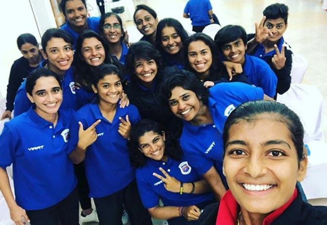 Smriti Mandhana shared this photo with the Indian women's cricket team and captioned it: Excited to be back with these girls... #ALLSET season 2017-18 #teammaharashtra