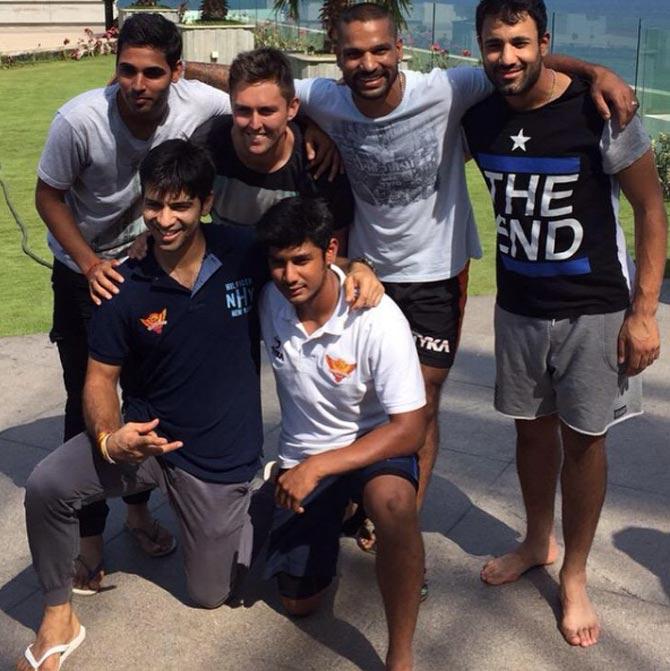 Naman Ojha with his Sunrisers Hyderabad teammates Shikhar Dhawan, Bhuvneshwar Kumar and Trent Boult.