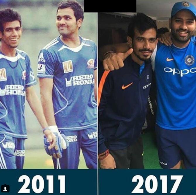 Yuzvendra Chahal posted a before and after picture of himself and Rohit Sharma, the bowler quoted ,Time and good friends are two things that become more valuable the older you get #rohitbhai #hitman#inspiration