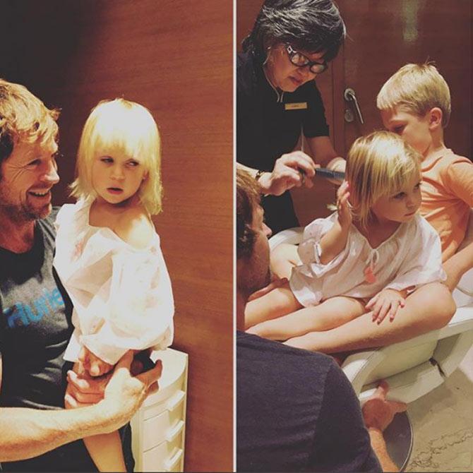 Jonty Rhodes shared this picture of his daughter India Rhodes getting her first ever haircut, with a caption that read 'Indias first ever haircut required a team effort'