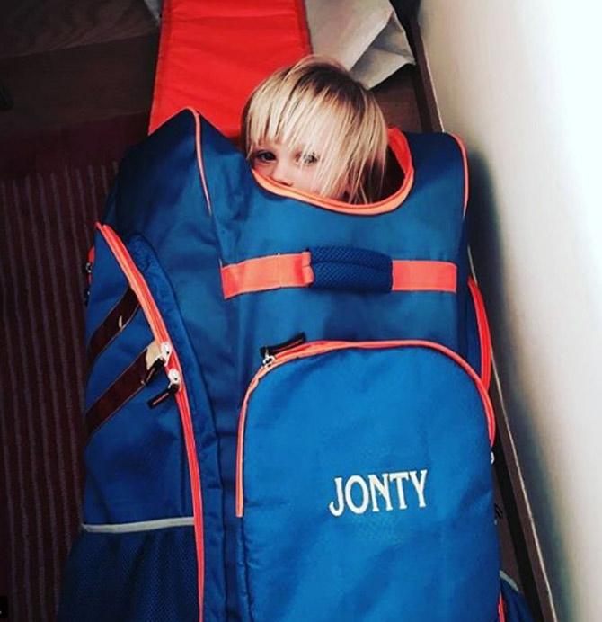 Maybe the best picture of India Rhodes on Jonty Rhodes Instagram yet! He quoted,  Daddy, take me with u.' #lifeontour #travelwithkids #mumbaiexplorer #mumbaiindians #weallhavebaggage #bewhereuare #lovelikeachild