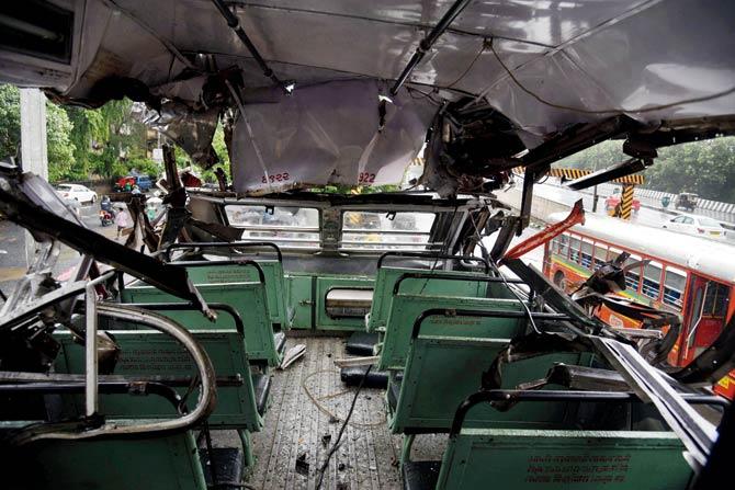 The damaged double-decker after the accident. Pic/Rane Ashish