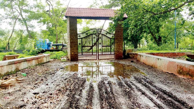 The path that leads from the gate inside Picnic Spot Garden in Goregaon East is waterlogged and filthy during the rainy season. Pic/Ranjeet Jadhav