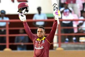 Shimron Hetmyer of West Indies celebrates his century during the 2nd ODI match between West Indies and Bangladesh at Guyana National Stadium, Providence, Guyana. Pic/AFP