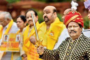 TDP MPs stage a protest demanding special status for the state of Andhra Pradesh