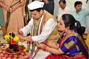 Devendra Fadnavis performs puja at home with wife Amruta. See Photos