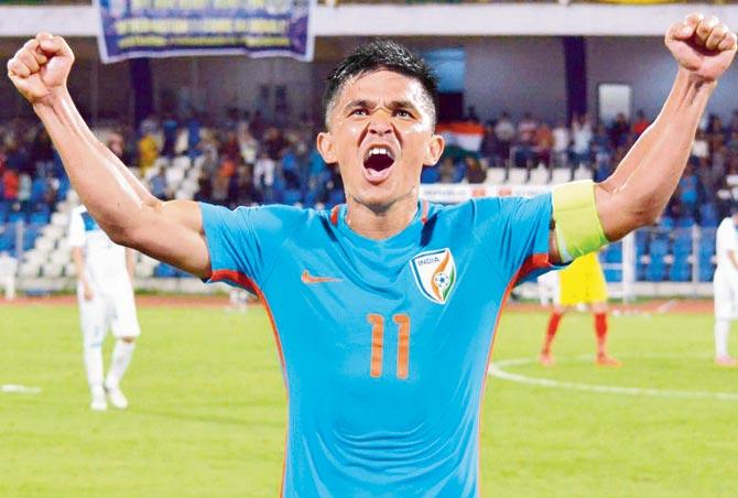 Sunil Chhetri celebrates his goal against Kyrgyz Republic during an Asian Cup qualification round match at the Sree Kantreerava Stadium in Bangalore last year. India won 1-0