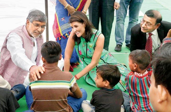 Kailash Satyarthi and Nikki Haley at the Bachpan Bachao Andolan office