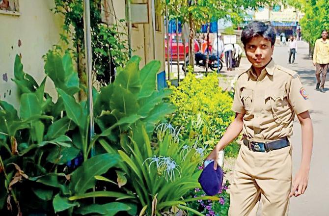 Lalit Salve cuts a dashing figure in his khaki uniform as he resumes duty at the Majalgaon (urban) police station