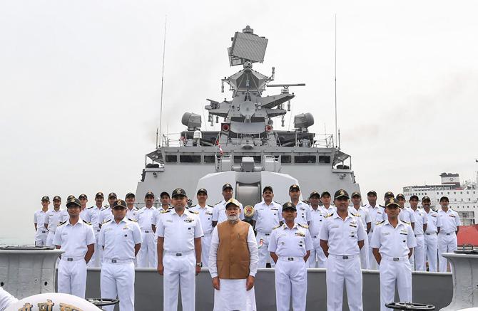 Prime Minister Narendra Modi in a group photo at the Changi Naval Base, in Singapore on Saturday, June 02, 2018. Pic/PTI