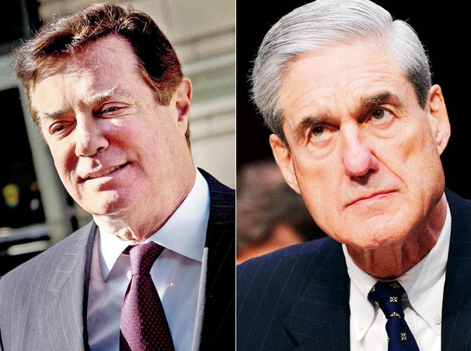 (Right) Robert Mueller, who is investigating alleged Russian election interference, said Paul Manafort (left) had contacted people related to his money laundering and tax fraud case. Pics/AFP