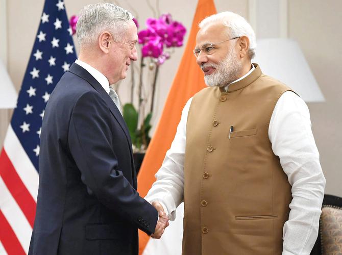 Prime Minister Narendra Modi during their meeting the US Secretary of Defence, James Mattis, in Singapore on Saturday,June 02,2018. Pic/PTI