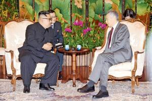 North Korea's leader Kim Jong Un (l) with Singapore PM Lee Hsien Loong (r) at the latter's official residence in Singapore. World markets will be watching Kim and Donald Trump's meet on June 12. Pic/AFP